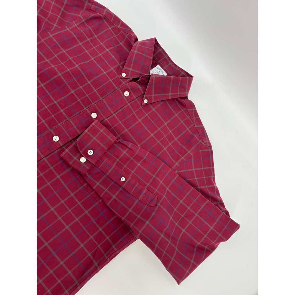 Brooks Brothers Regent Fit Non-Iron Cotton Check Shirt Mens Medium Burgundy Red - Picture 1 of 11